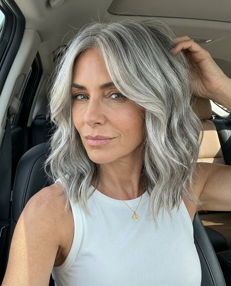 shoulder-length silver lob with charcoal lowlights, soft layers — playful chic