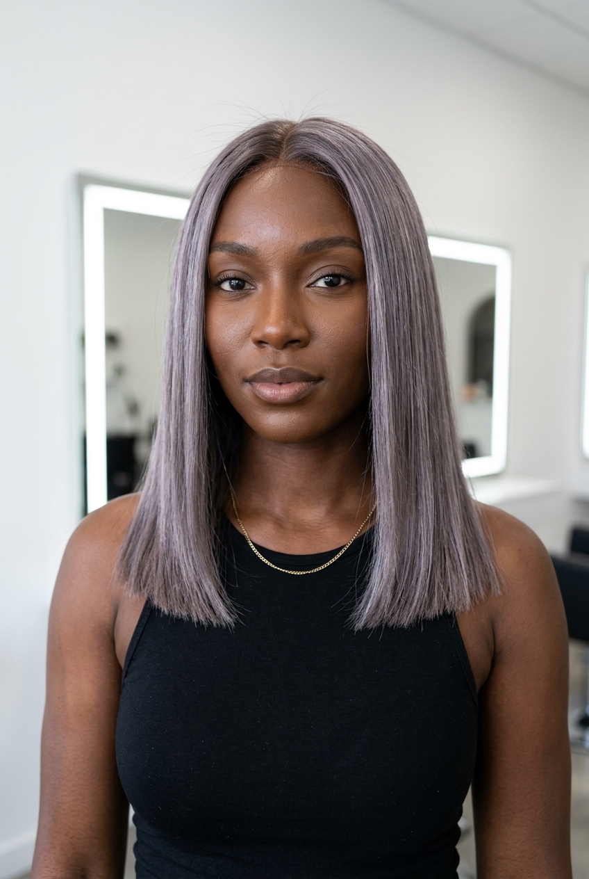 Silver-Smoke Ash Brown All-Over 2026 long straight ash brown hair with silver-smoke all-over, violet undertones, cool grey — edgy futuristic