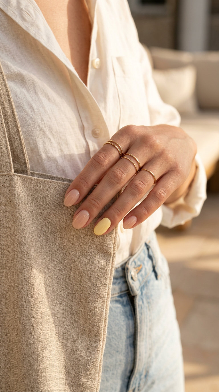 Simple summer acrylic nail designs 2026: Soft butter yellow accent on sheer nude nails for a minimalist, sophisticated look.
