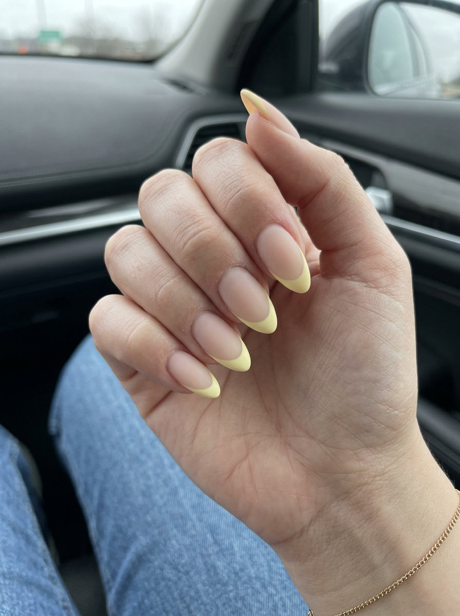Butter Yellow Velvet French nails: chic summer acrylic nail designs 2026 for brunch and office.