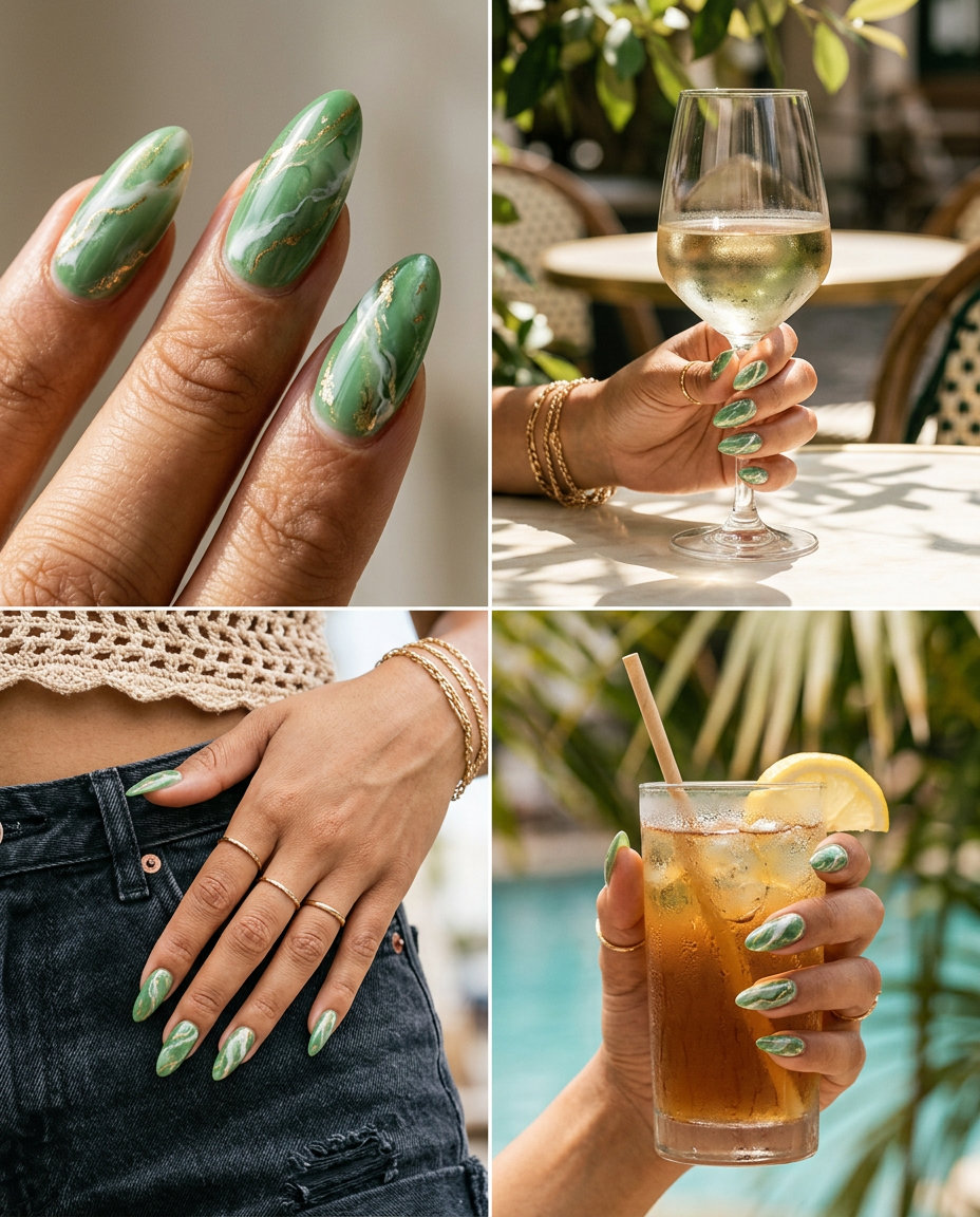 Green marble abstract swirl acrylic nails with gold accents for date nights in 2026.