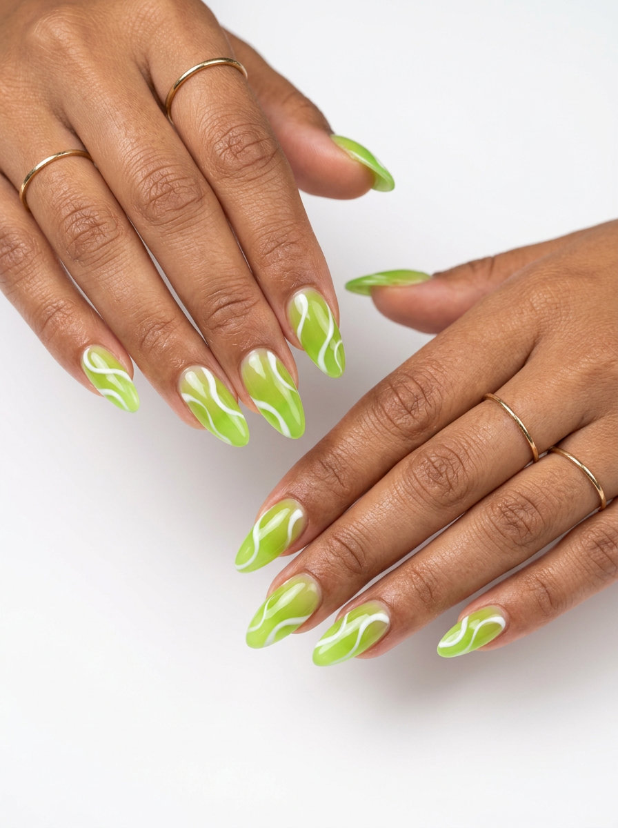 Jelly lime swirl acrylic nails, perfect for festivals and parties in 2026.