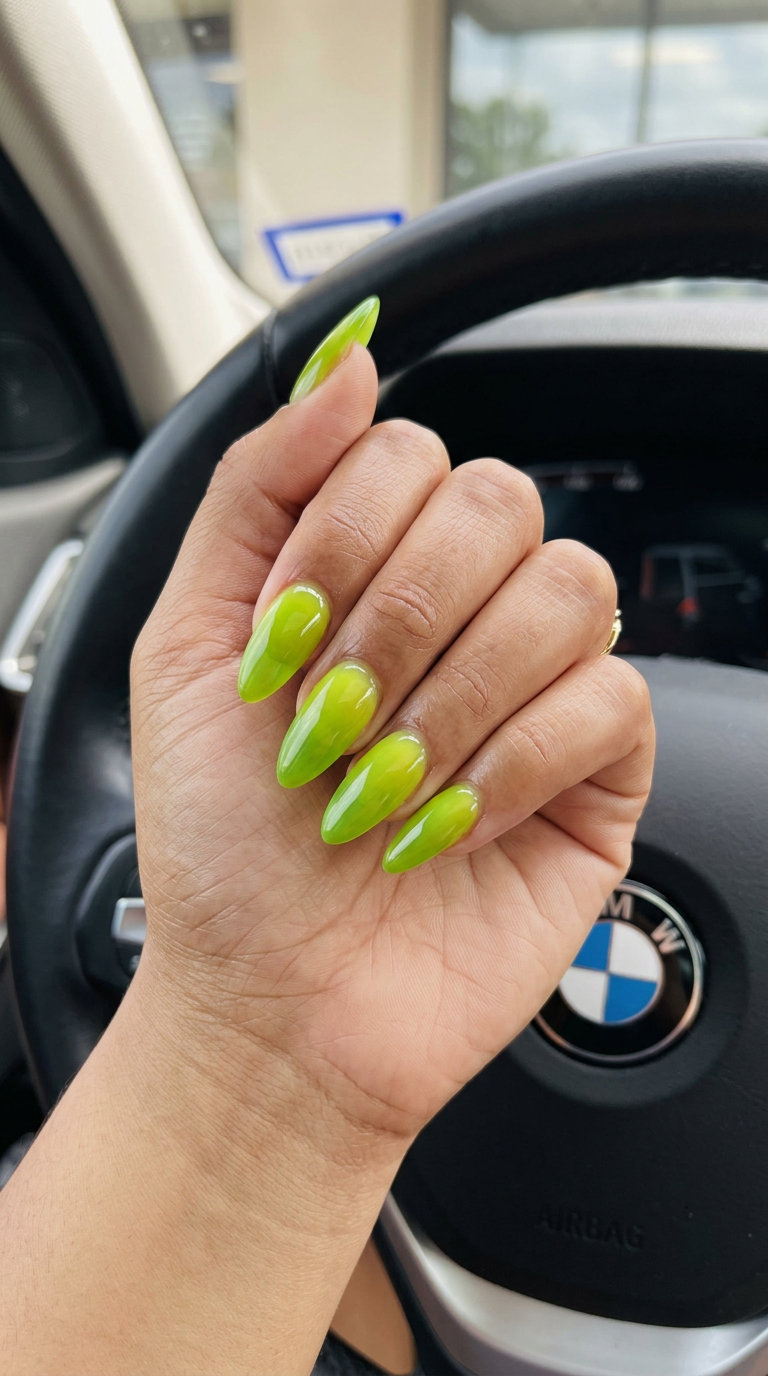 Lime Green Jelly Aura: bold summer acrylic nail designs 2026 for festivals and parties.