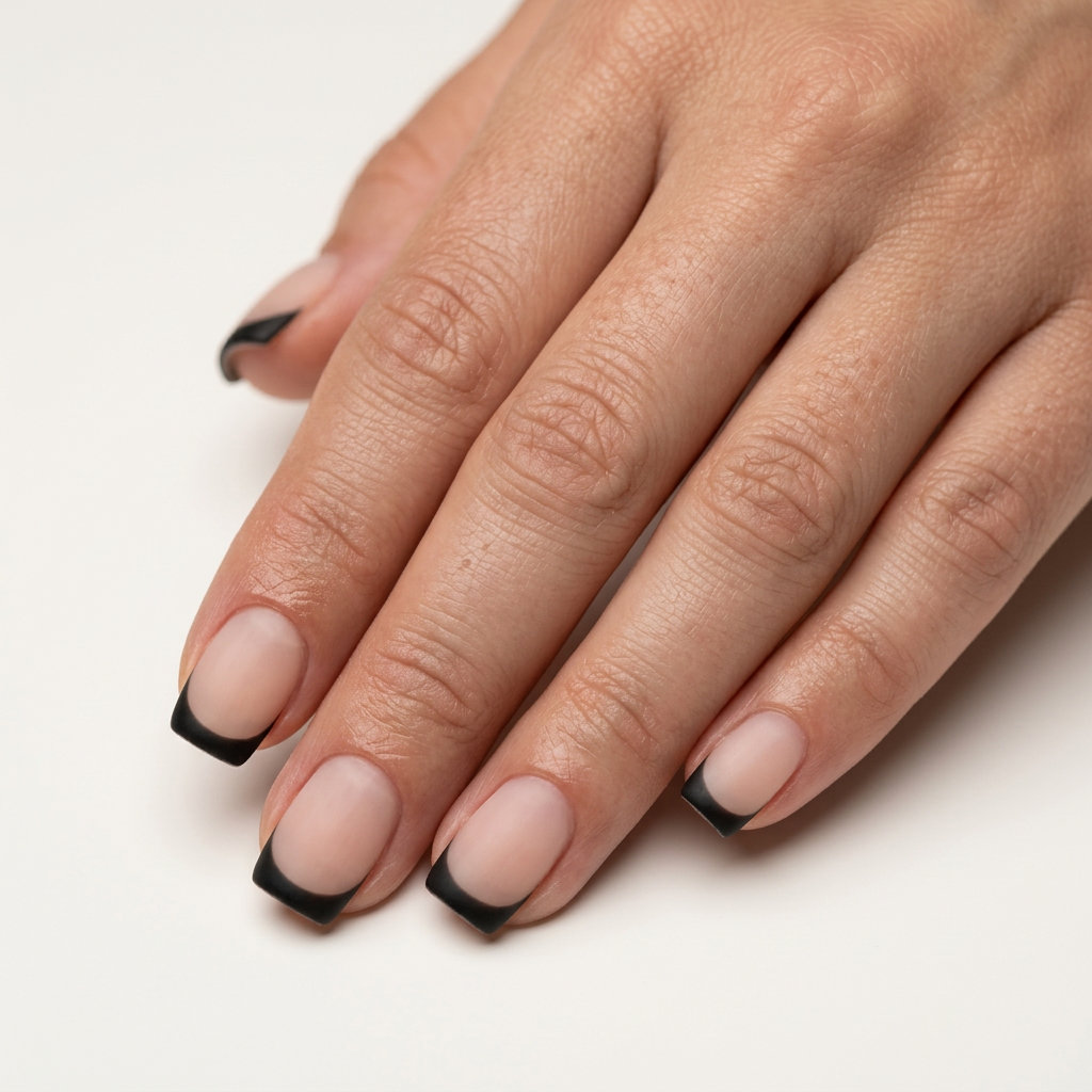 Matte black micro French acrylic nails, perfect for daily wear, work, or casual outings in 2026.