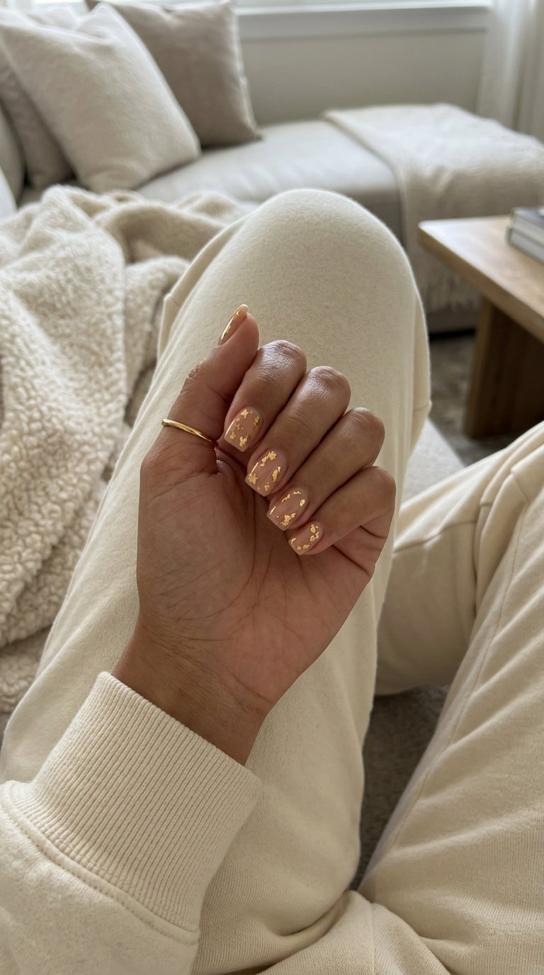 Metallic gold foil flake acrylic nails on sheer nude, glamorous for parties in 2026.