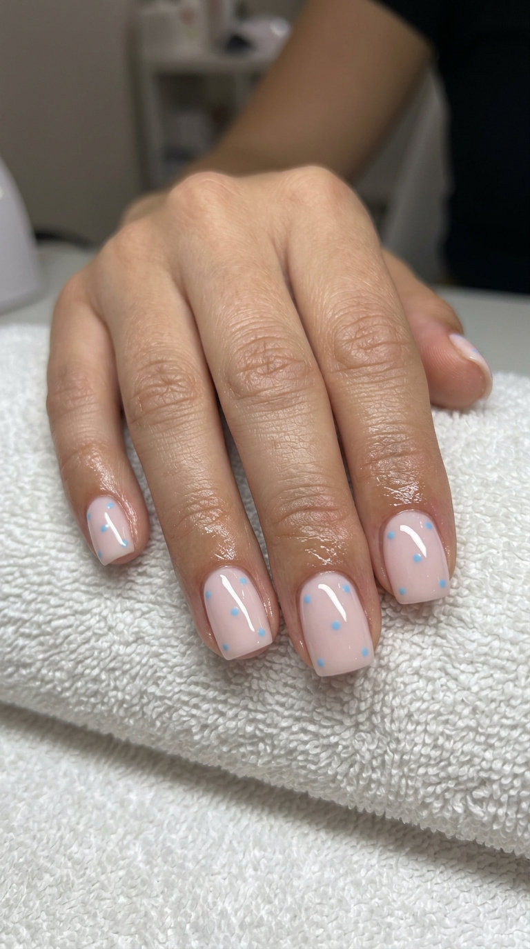 Simple summer acrylic nail designs 2026: Milky pink base with scattered sky blue dots on short square nails for a playful look.