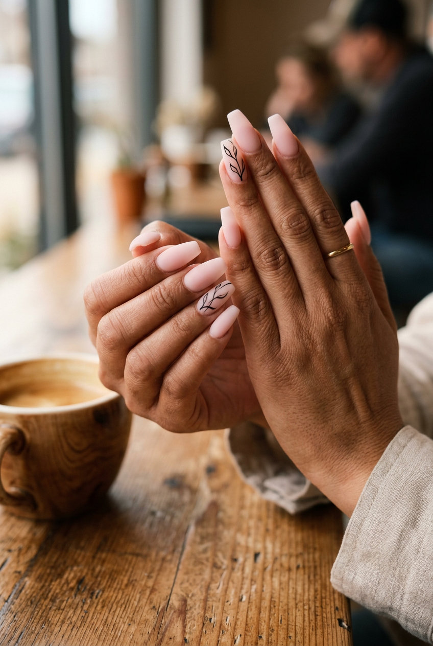 Milky Pink Simple Line Art Almond: minimalist summer acrylic nail designs 2026 for work and elegant style.