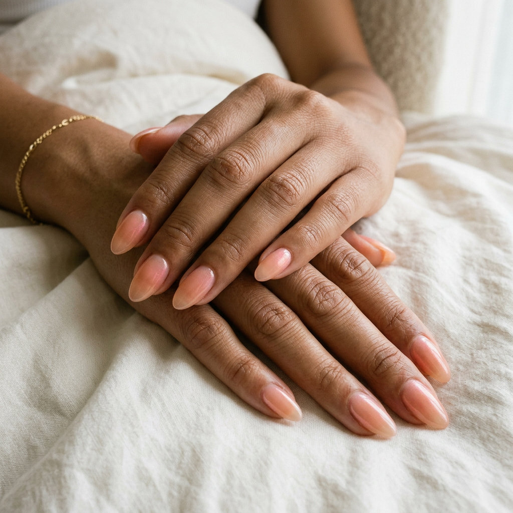Peach fuzz jelly almond aura nails, soft and effortless for summer vacation in 2026.