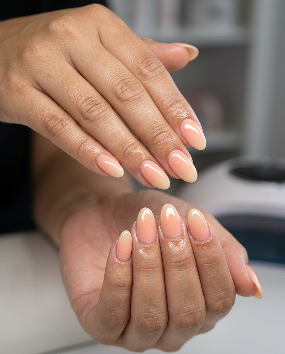 Peach Fuzz Linear Ombre: warm summer acrylic nail designs 2026 for vacation and soft glam.