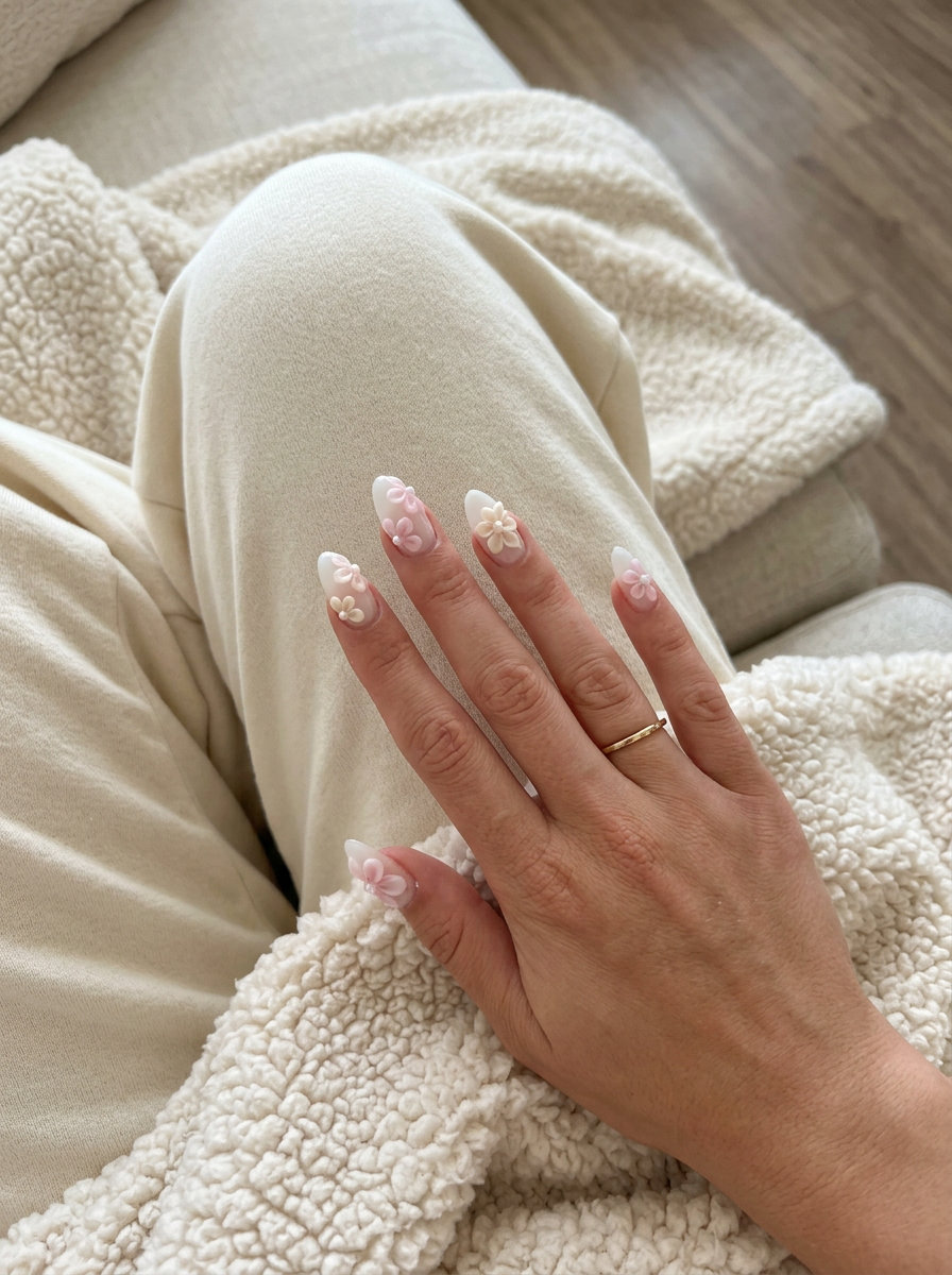 Sheer white milk bath bloom acrylic nails, romantic and ethereal for weddings in 2026.