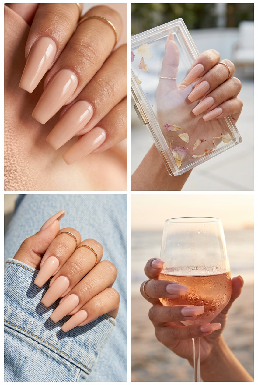 Soft coffin aura ombre acrylic nails in peach, ideal for vacation and casual events in 2026.