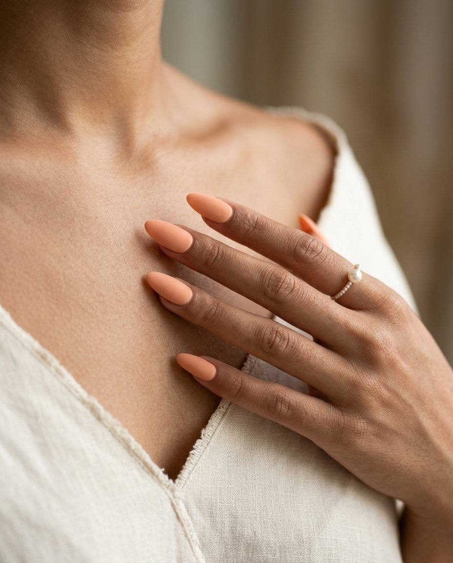 Peach Fuzz velvet matte almond acrylic nails, luxurious for formal events in 2026.