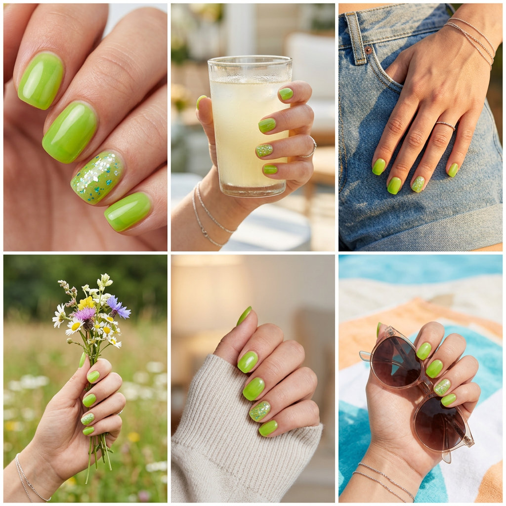 Jelly lime glitter accent acrylic nails, playful and vibrant for festivals in 2026.