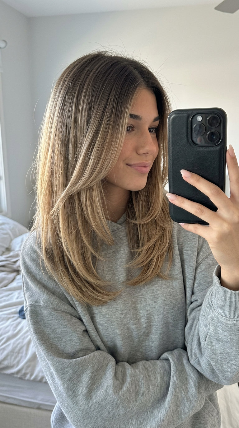 Smoked Honey Ash Ombre Hair 2026 mid-length ombre with smoked honey ash blonde, ash brown root, long seamless layers — sophisticated modern evening