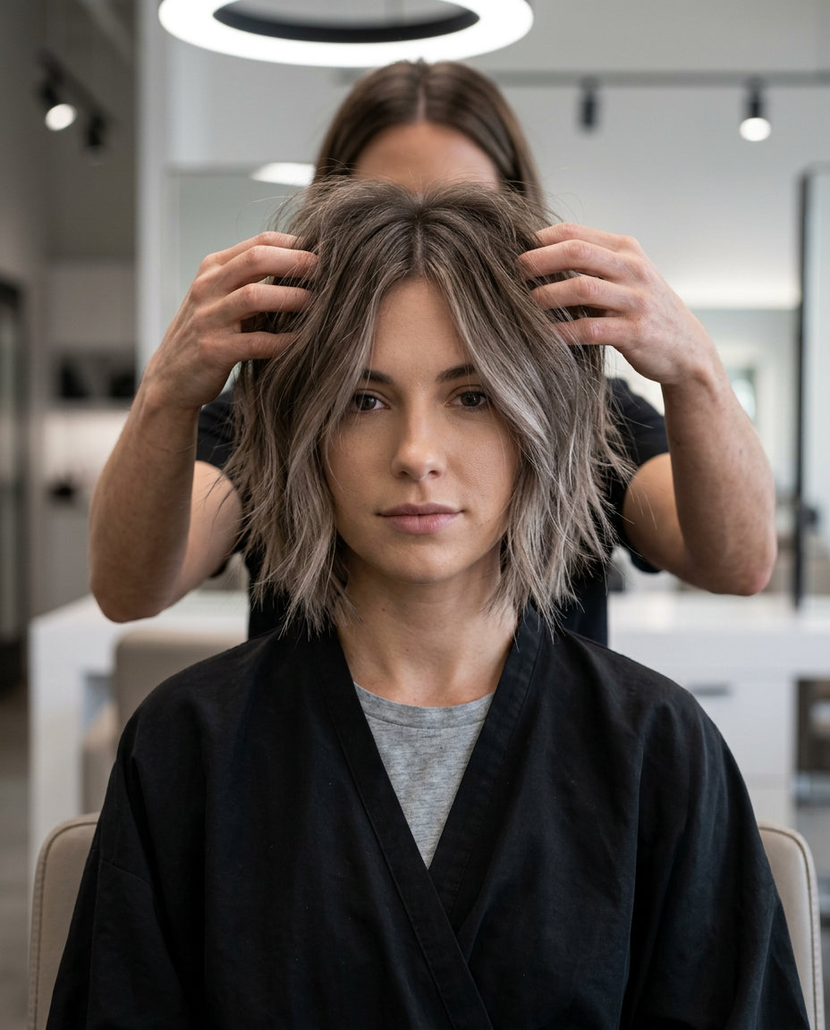 short smoky ash bob haircut with choppy layers and undercut for edgy look