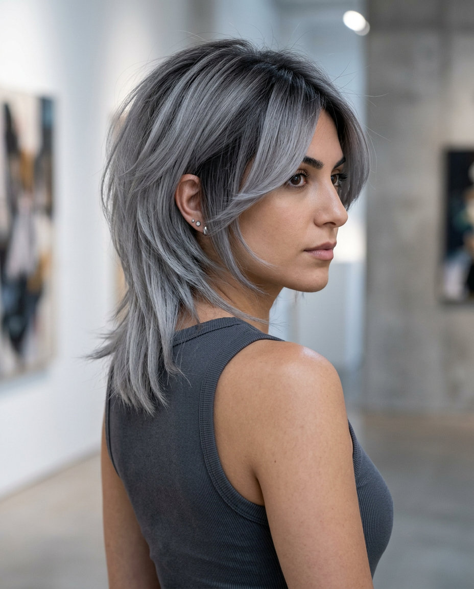 Smoky Grey Cyber Wolf Cut 2026 shoulder-length smoky grey wolf cut with charcoal root, sculpted layers, edgy mood