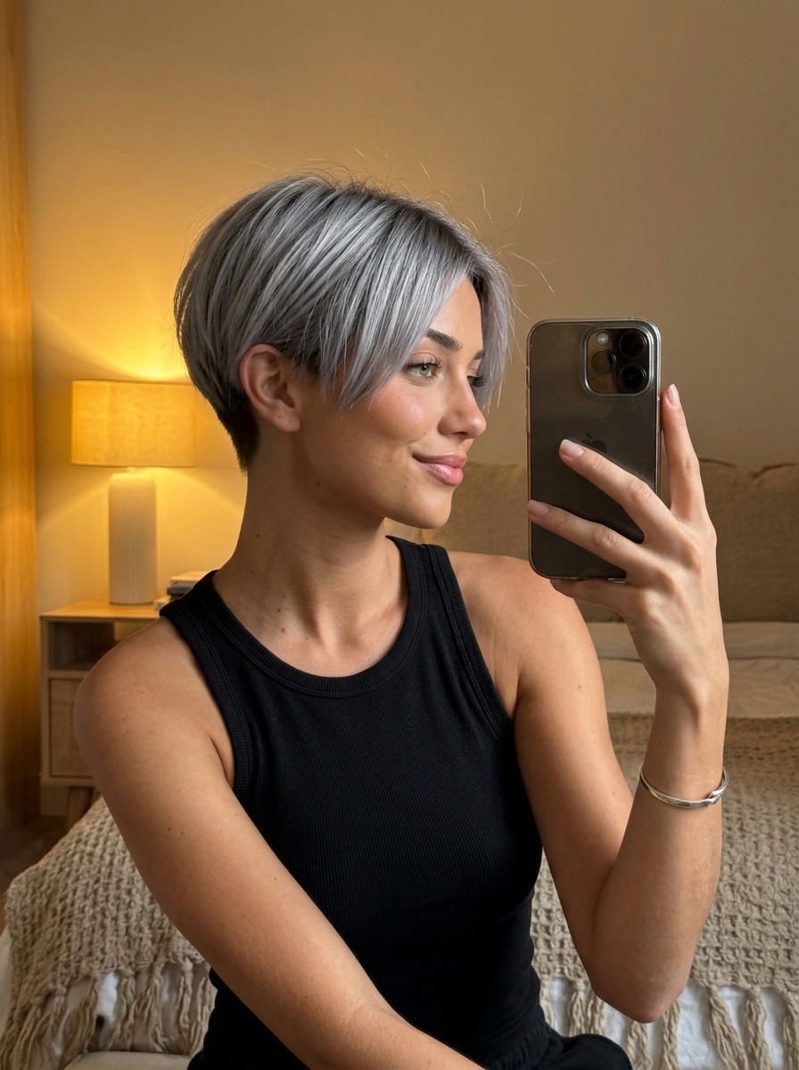 very short pixie haircut in smoky silver with charcoal root, blunt cut texture, micro-fringe — edgy sophisticated look