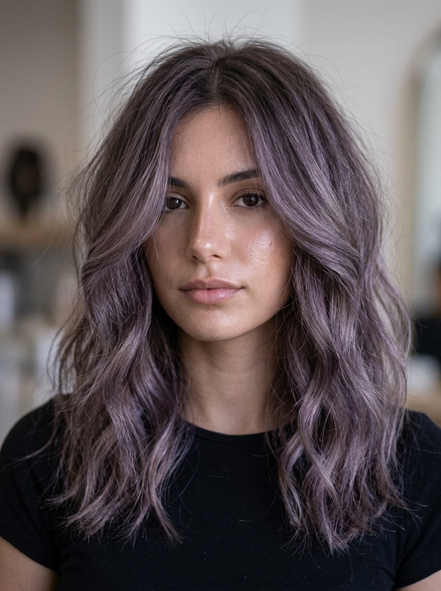 Smoky Violet Ash Brown Gloss 2026 long layered ash brown hair with smoky violet gloss, translucent color, soft waves — romantic date night