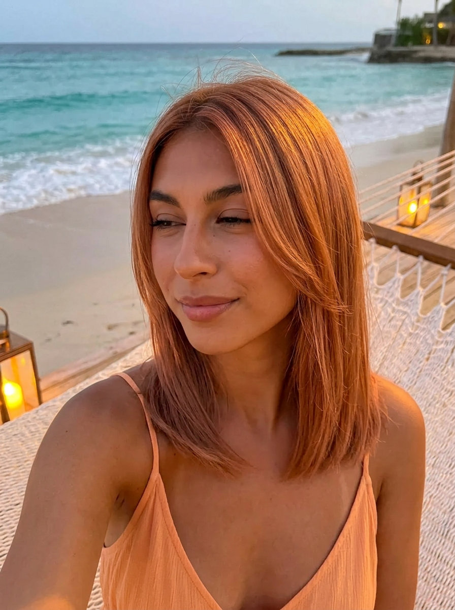 Soft Copper Hush Hairstyle 2026 shoulder-length straight cut with soft copper, apricot undertones, soft layers — soft natural chic work