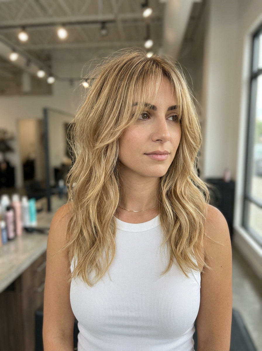 long wavy honey blonde hair with wispy bangs, soft root melt — romantic festival