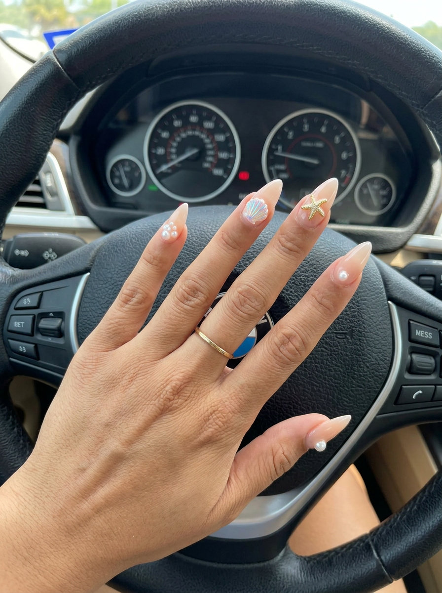 Bohemian stiletto summer nails 2026 with sheer nude, pearl white, and iridescent shell charms for vacation.