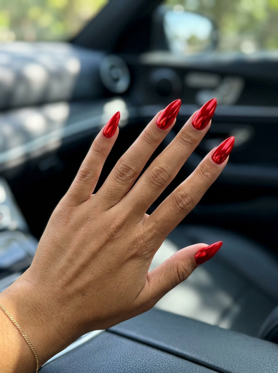 Glamorous stiletto summer nails 2026 in classic red with a mirror chrome finish for parties.