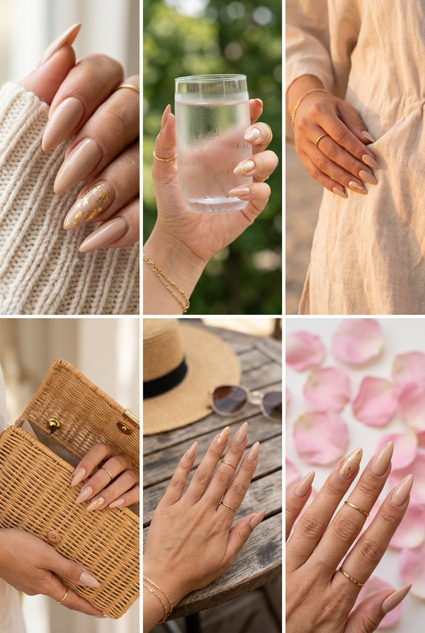 Nude beige stiletto nails with scattered gold foil flakes for a luxurious summer look. Stiletto summer nails 2026.