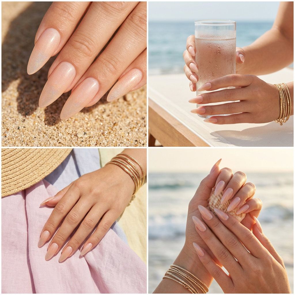 Romantic stiletto summer nails 2026 in sheer peach with holographic shimmer for weddings.
