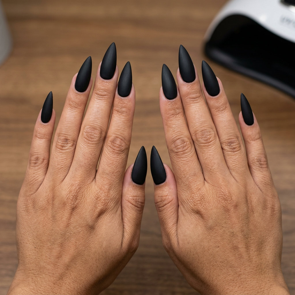 Matte black stiletto nails for edgy summer parties and nights out. Velvet matte finish.