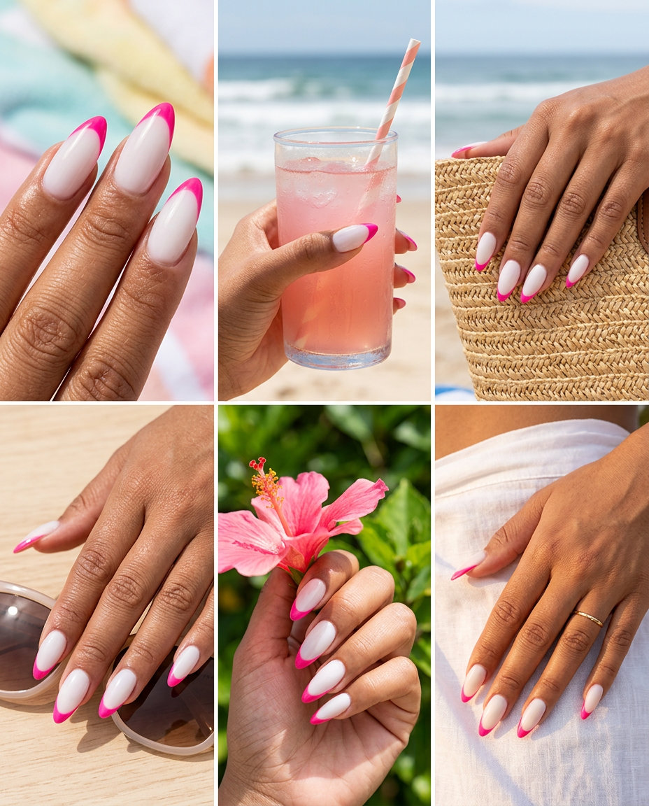 Hot pink reverse French stiletto nails for vacation and festivals. Opaque milky white with vibrant pink tips.