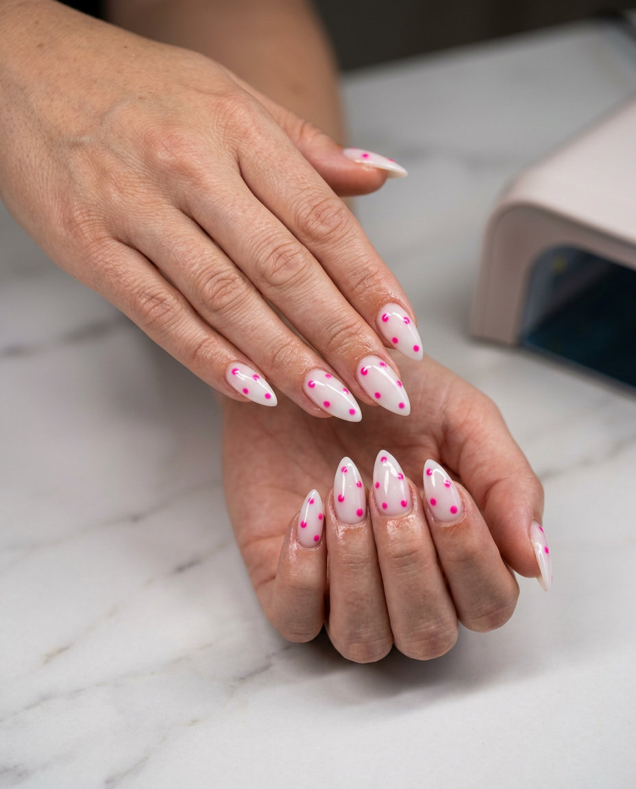 Playful stiletto summer nails 2026 with hot pink dots on a sheer milky white base for casual fun.