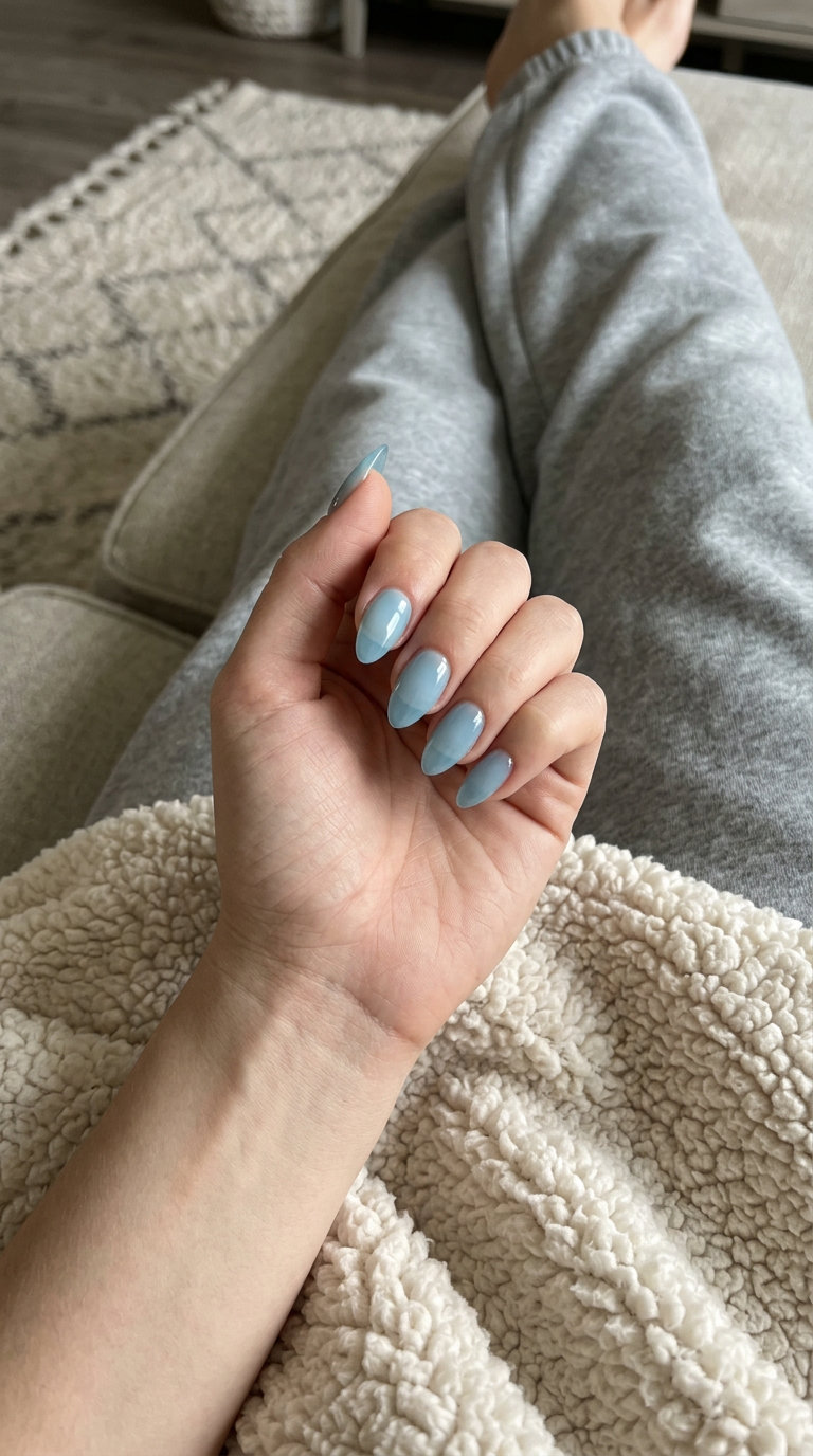 Sheer sky blue stiletto nails with a glass-like finish. Minimalist stiletto summer nails 2026.
