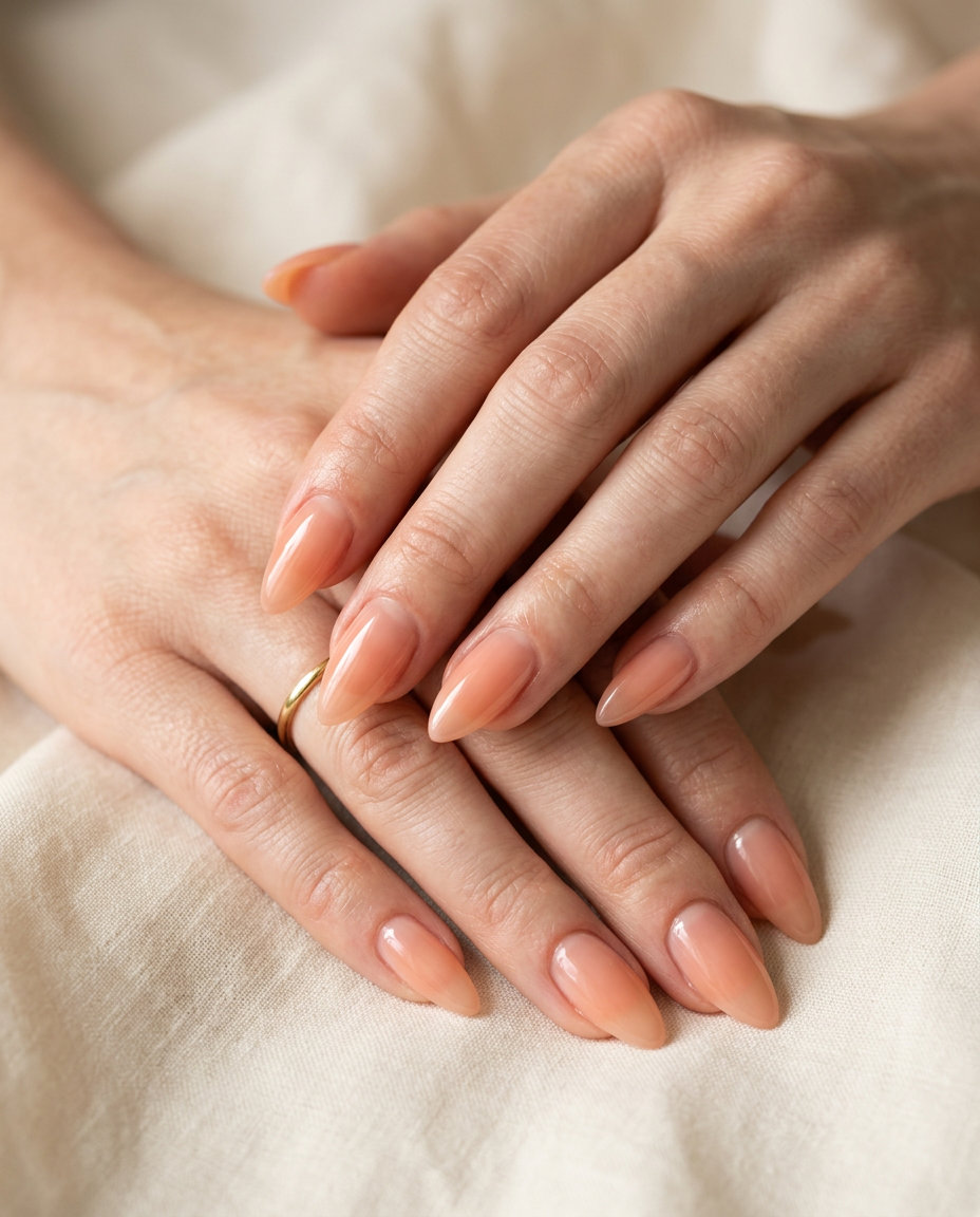 Sheer peach glow stiletto nails for weddings and daily wear. Romantic, ethereal look.