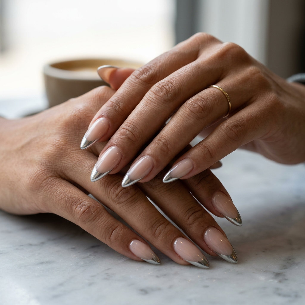 Silver chrome micro French stiletto nails for parties and nights out. Edgy, futuristic design.
