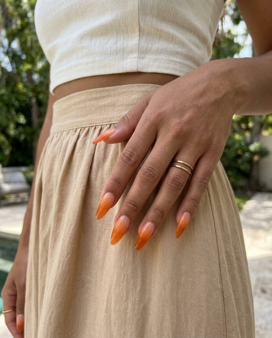 Sunset jelly stiletto gradient nails in sheer orange tones. Romantic stiletto summer nails 2026.