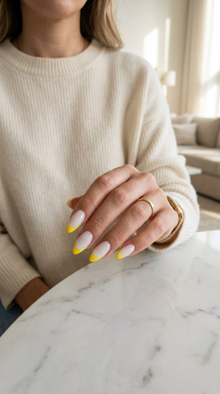 Bright yellow French tip stiletto nails on a sheer base. Playful stiletto summer nails 2026.