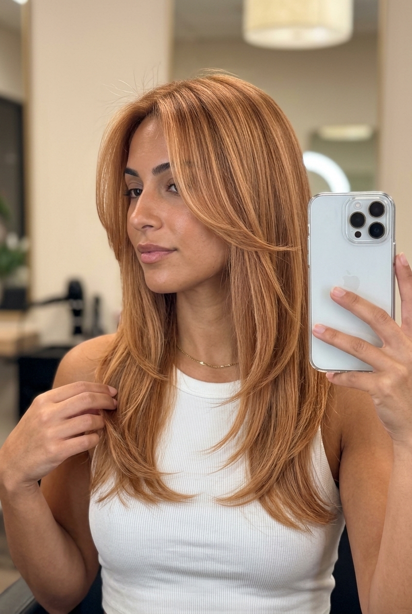 medium-long strawberry blonde layered haircut with golden-copper babylights