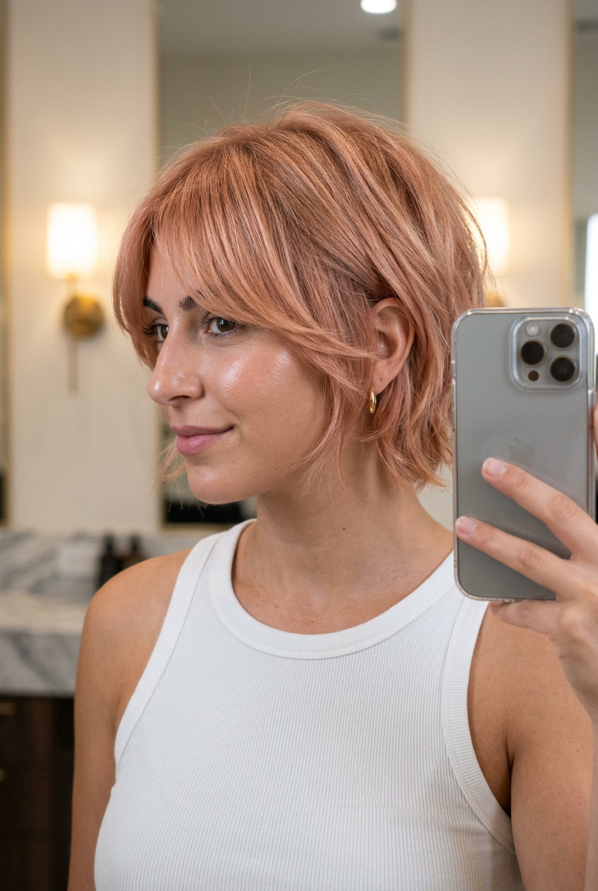 Sun-Kissed Strawberry Blonde Bixie 2026 short strawberry blonde bixie haircut with rose gold babylights, wispy fringe — playful, fresh