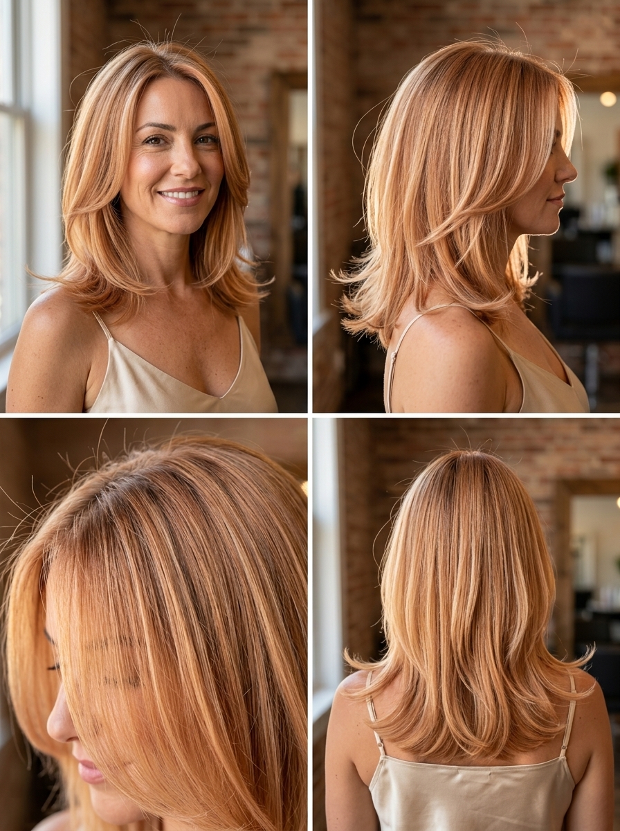 Strawberry Blonde Midi-Flick Haircut 2026 shoulder-length strawberry blonde haircut with golden peach babylights, face-framing layers, and flicked ends for summer