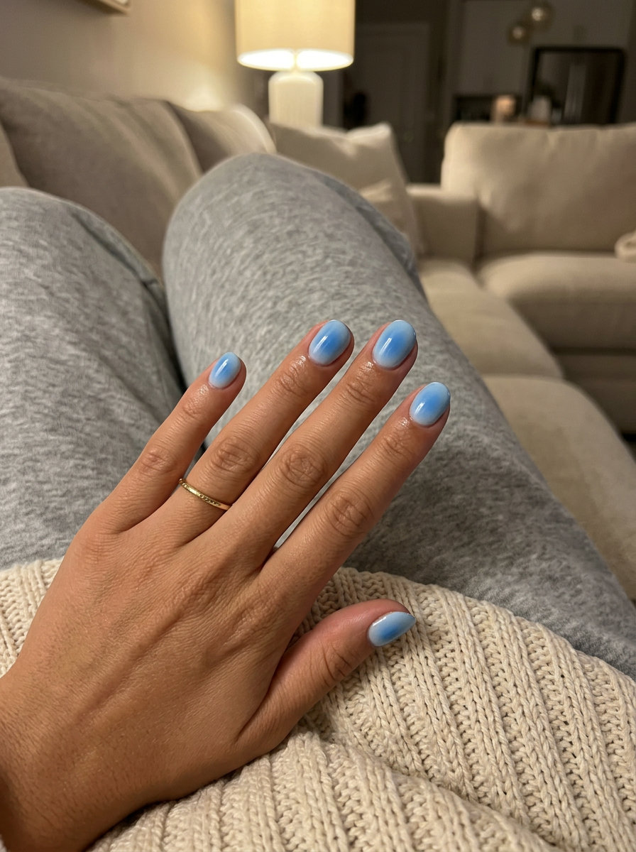 Sky Blue Aura Gradient: Ethereal summer acrylic nails 2026 for vacations and festivals.