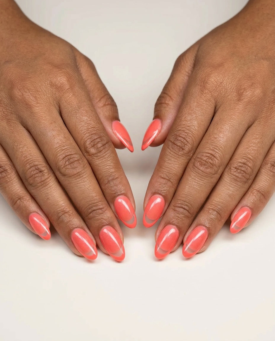 Summer acrylic nails 2026: Coral Blush Negative Space French for sophisticated casual events.