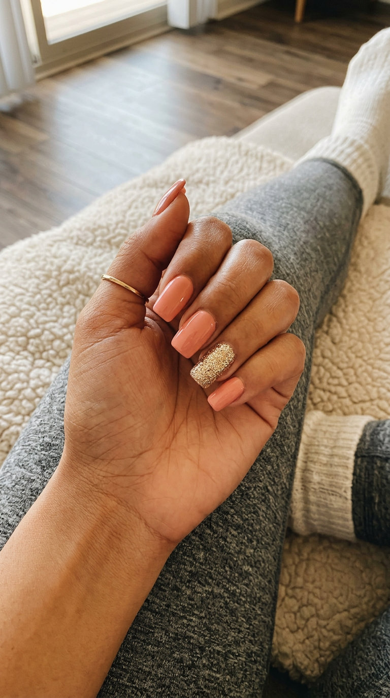 Sparkling Coral Blush Glitter Accent: Glamorous summer acrylic nails 2026 perfect for parties.