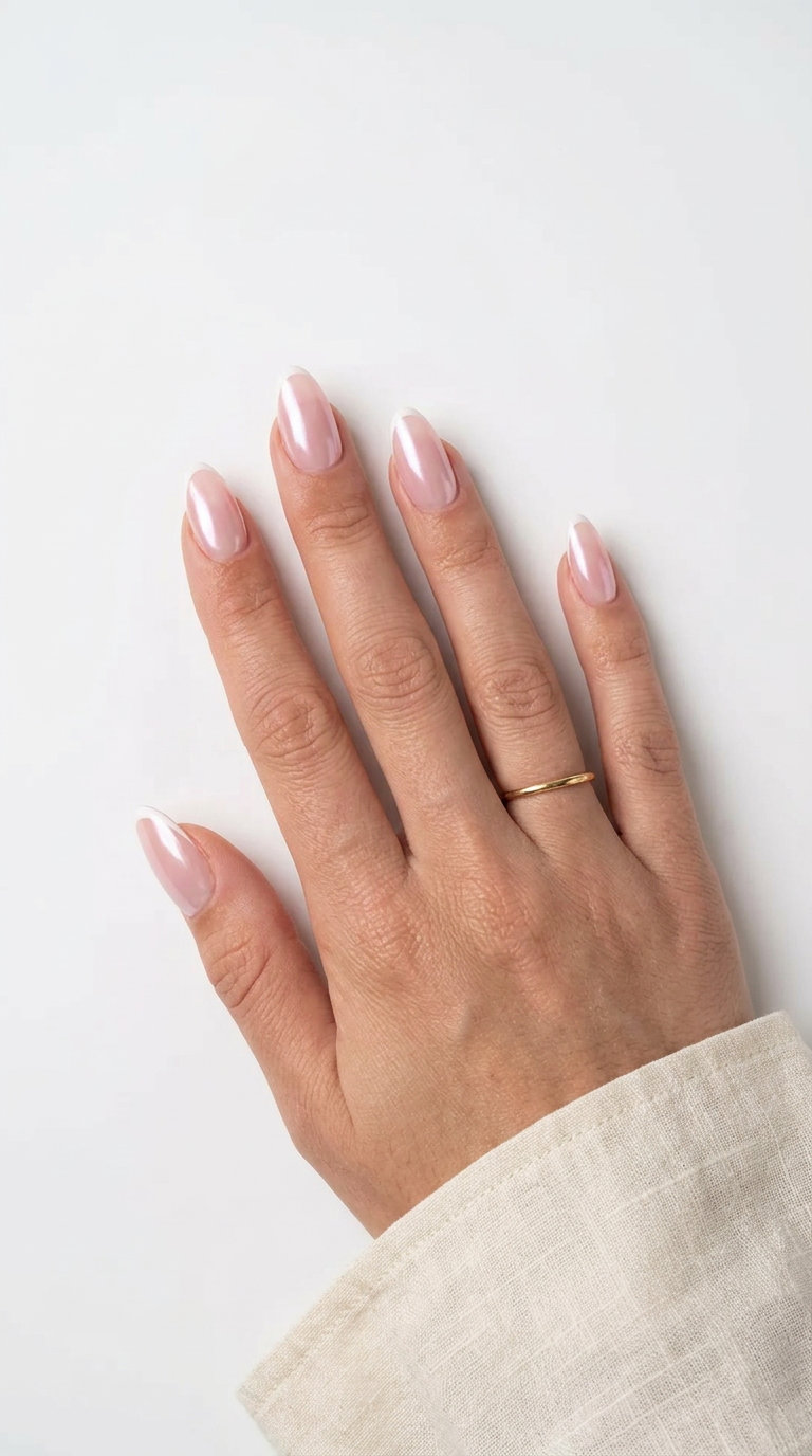 Subtle Glazed French Acrylics: Milky pink with pearlescent glaze and micro French tip for summer acrylic nails 2026.