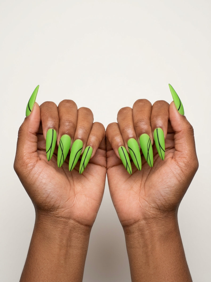 Summer acrylic nails 2026: Graphic Lime Matte Stiletto Lines for edgy party looks.