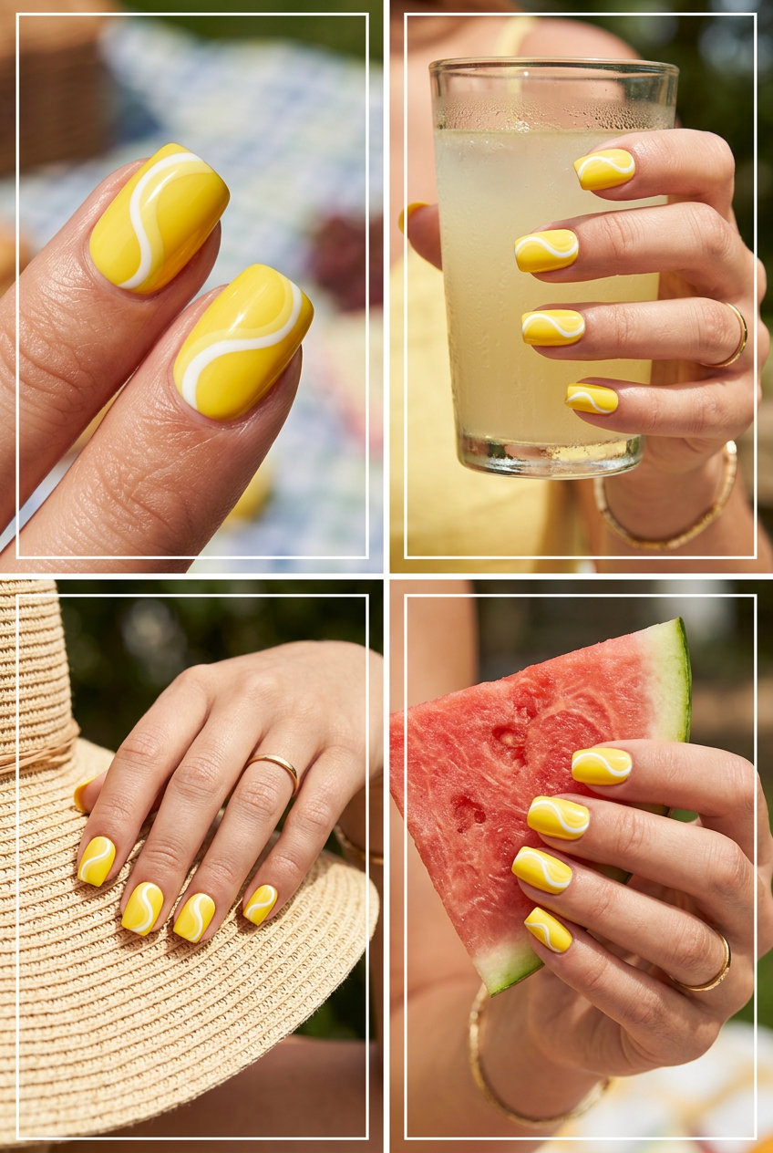 Summer acrylic nails 2026: Lemonade Swirl for casual summer outings and picnics.