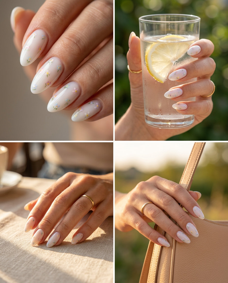 Milky white milk bath floral nails for summer acrylic nails 2026, perfect for weddings and romantic dates.