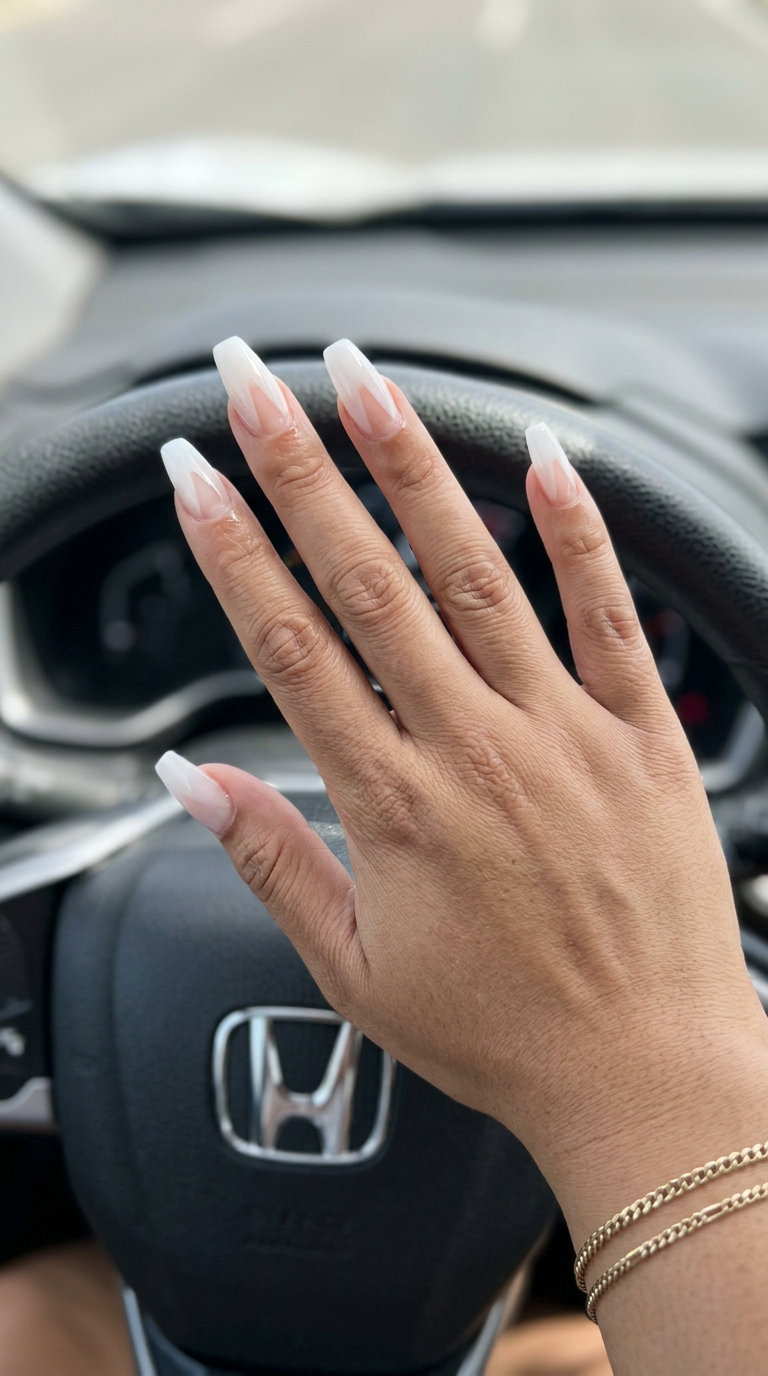 Modern milky negative space coffin nails for summer acrylic nails 2026, perfect for office and minimalist style.