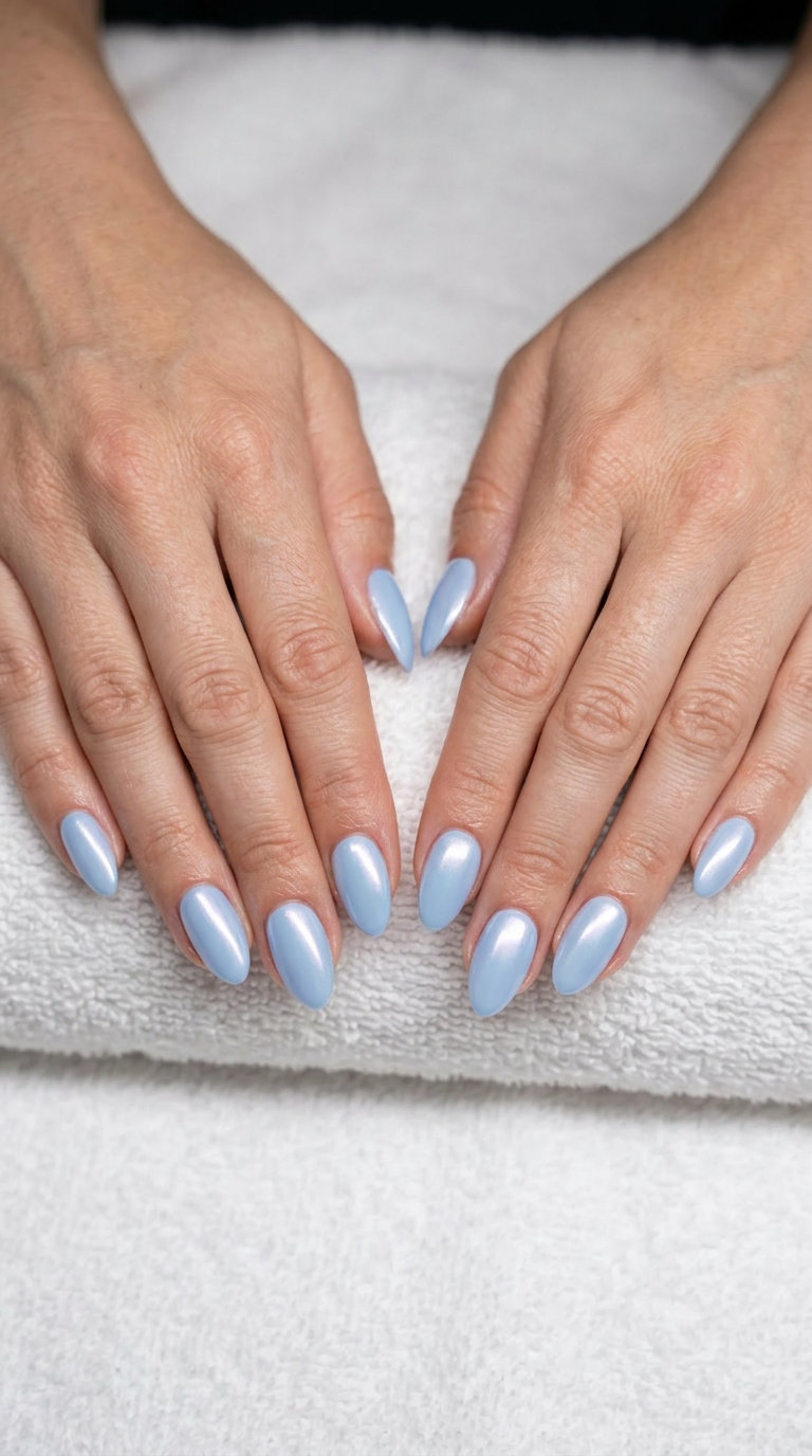 Summer acrylic nails 2026: Pastel Blue Pearlescent Finish for romantic summer days.