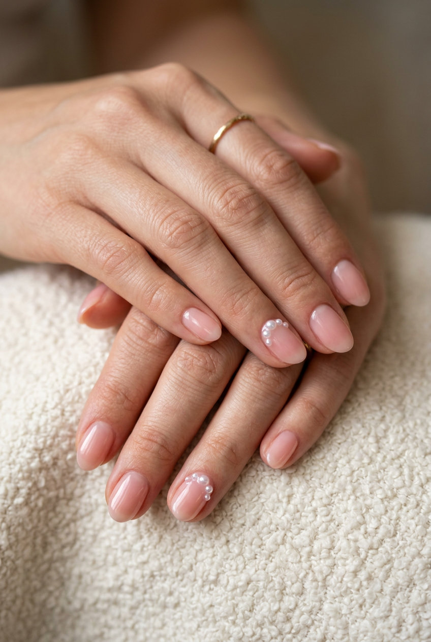 Summer acrylic nails 2026: Sheer Pink Oval 3D Pearls for romantic weddings and date nights.