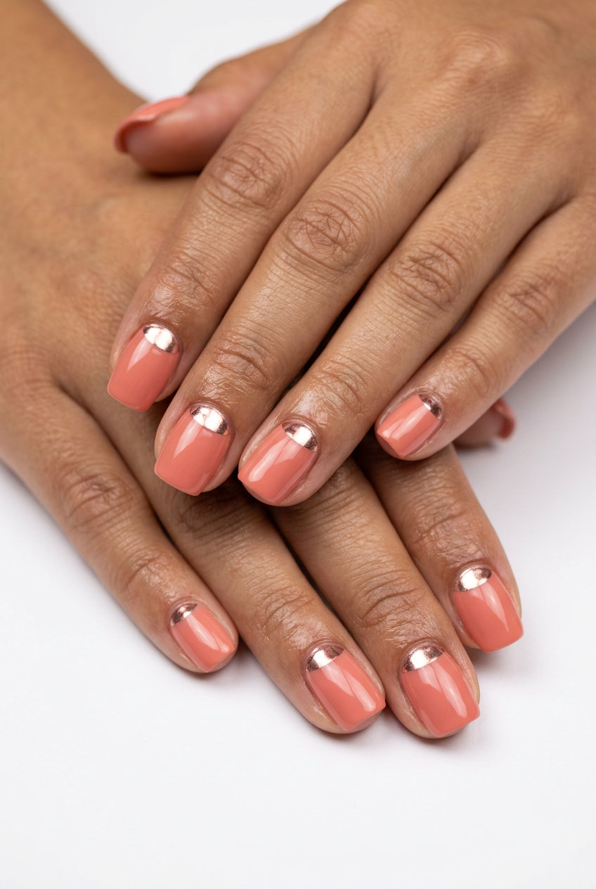 Sunset chrome accent half moon nails for summer acrylic nails 2026, ideal for date nights and glamorous events.
